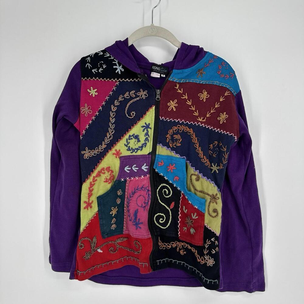 Rising Tide hoodie sweatshirt womens medium M purple patchwork boho artsy zip